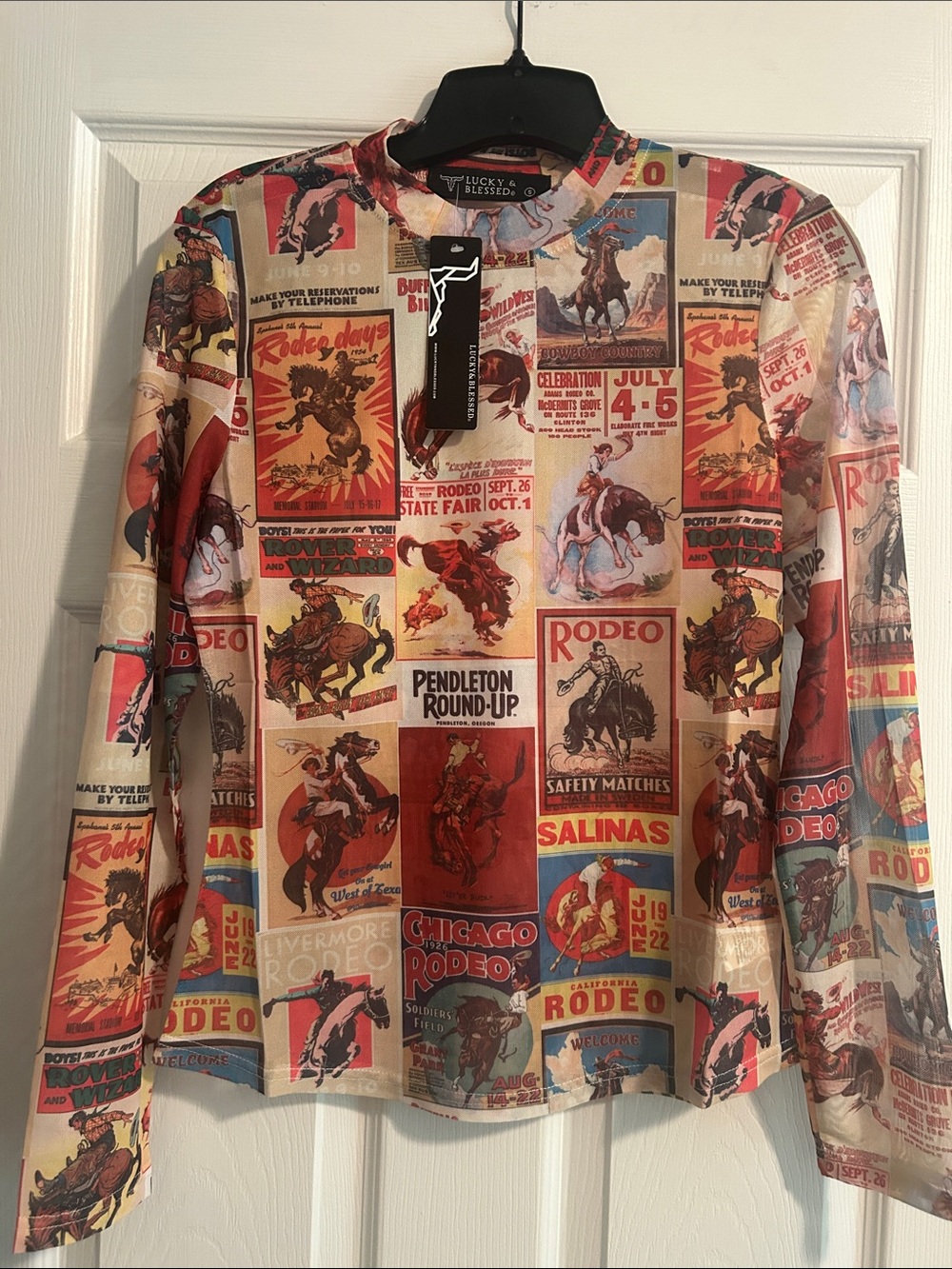 Lucky & Blessed Long Sleeve Rodeo Poster Print Shirt - Red, Yellow, Blue